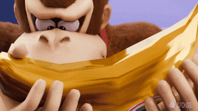 A Cartoon Gorilla Is Holding A Banana With The Word Udge On The Bottom GIF