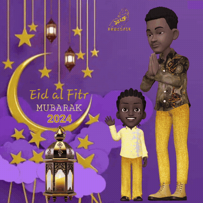 A Cartoon Greeting Card For Eid Al Fitr With A Crescent Moon And Stars GIF