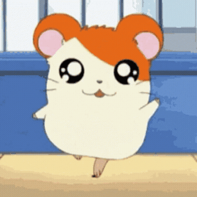 A Cartoon Hamster Is Standing On A Table With Its Paws Up . GIF