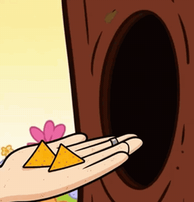 A Cartoon Hand Is Holding A Pair Of Nachos In Front Of A Tree GIF