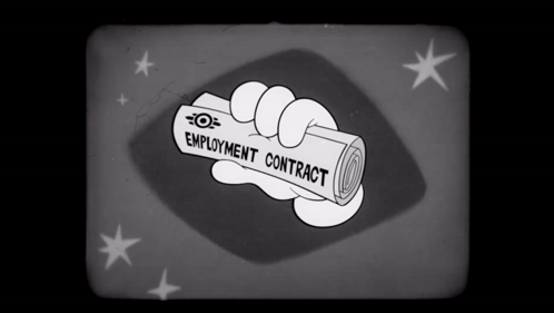 A Cartoon Hand Is Holding A Roll Of Paper That Says Employment Contract GIF