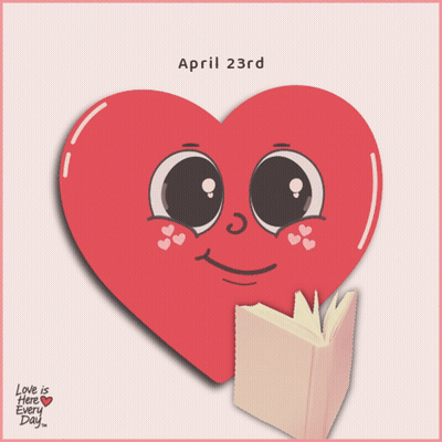 A Cartoon Heart Reading A Book With The Words Happy World Book Day April 23Rd GIF