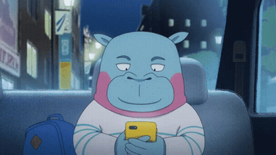 A Cartoon Hippo Is Sitting In The Back Seat Of A Car Looking At His Cell Phone GIF