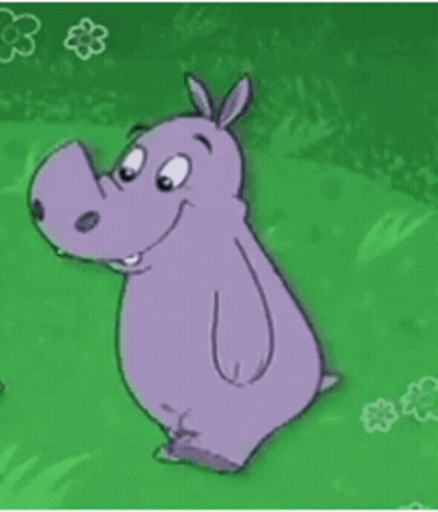 A Cartoon Hippopotamus Is Sitting On A Green Field . GIF