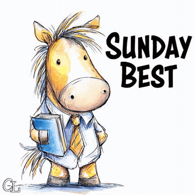 A Cartoon Horse Holding A Book With The Words " Sunday Best " Above It GIF
