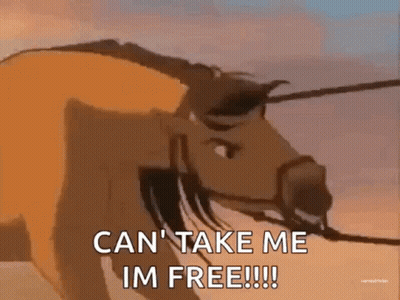 A Cartoon Horse Is Being Pulled By A Rope And Says `` Can 'T Take Me Im Free !! '' GIF