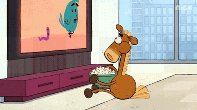 A Cartoon Horse Is Eating Popcorn In Front Of A Television Screen That Says Nick GIF