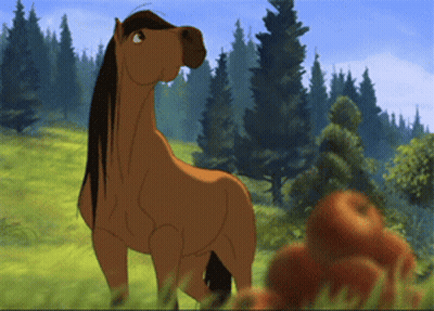 A Cartoon Horse Is Standing In A Field With Apples GIF