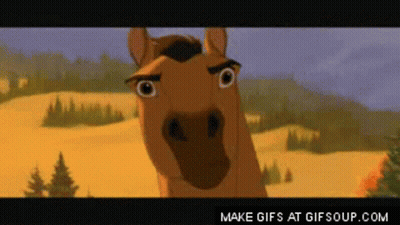 A Cartoon Horse Is Standing In A Field With Trees In The Background And Looking At The Camera . GIF
