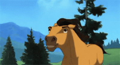 A Cartoon Horse Is Standing In A Field With Trees In The Background And Mountains In The Background . GIF