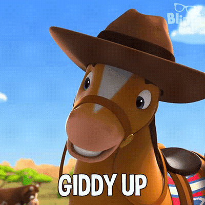 A Cartoon Horse Is Wearing A Cowboy Hat And The Word Giddy Up Is Above It GIF