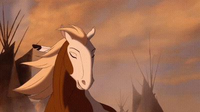 A Cartoon Horse With Its Eyes Closed In Front Of A Native American Village GIF