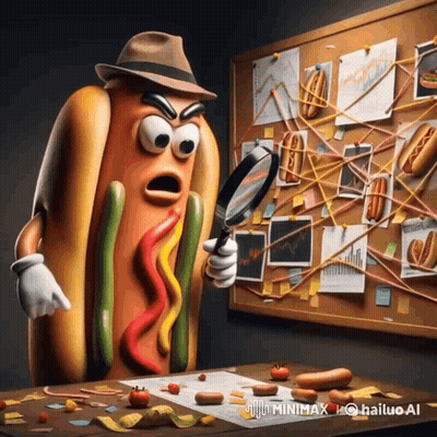 A Cartoon Hot Dog Looking Through A Magnifying Glass At A Bulletin Board GIF