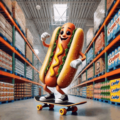A Cartoon Hot Dog Riding A Skateboard In A Store GIF
