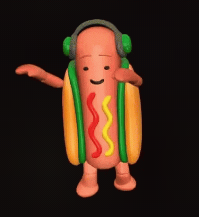A Cartoon Hot Dog Wearing Headphones And Ketchup And Mustard Is Dancing . GIF