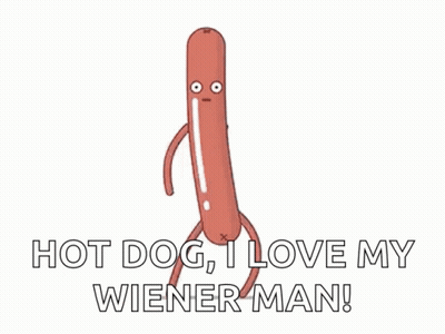 A Cartoon Hot Dog With Arms And Legs Says Hot Dog I Love My Wiener Man ! GIF
