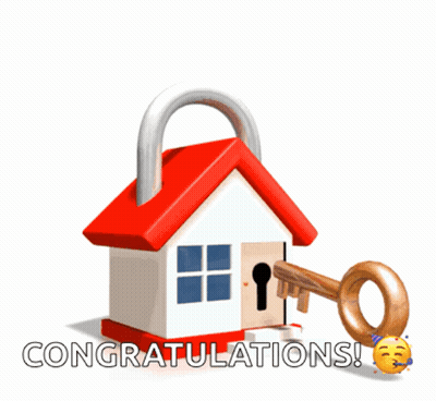 A Cartoon House With A Padlock And A Key And The Words Congratulations GIF