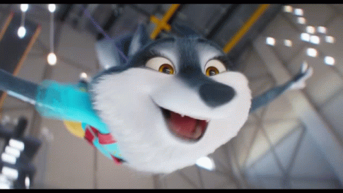 A Cartoon Husky Wearing A Blue And Red Cape Is Flying Through The Air GIF