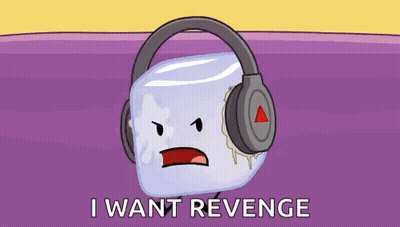 A Cartoon Ice Cube Wearing Headphones Next To A Red Pin With The Words I Want Revenge Below It . GIF