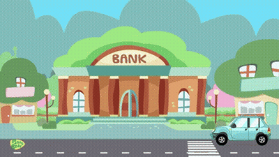 A Cartoon Illustration Of A Bank And A Car GIF