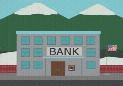 A Cartoon Illustration Of A Bank Building With Mountains In The Background GIF