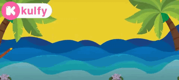 A Cartoon Illustration Of A Beach With Palm Trees And The Word Kulfy On The Bottom GIF