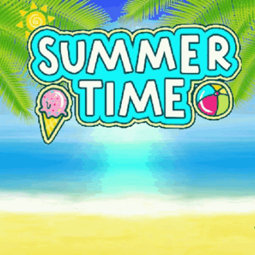 A Cartoon Illustration Of A Beach With The Words Summer Time GIF