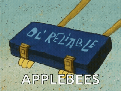 A Cartoon Illustration Of A Blue Suitcase With The Words `` Ol ' Reliable Applebees '' Written On It . GIF