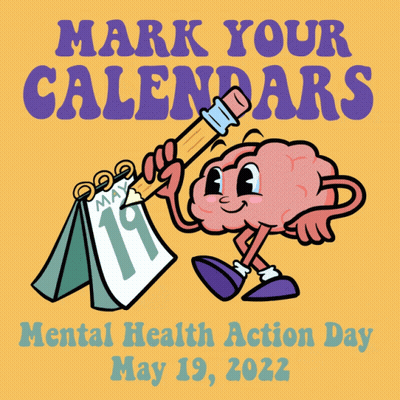 A Cartoon Illustration Of A Brain Holding A Pencil And A Calendar With The Words Mark Your Calendars Mental Health Actio GIF