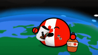 A Cartoon Illustration Of A Canadian Ball Holding A Cup Of Coffee Next To A Bottle Of Maple Syrup GIF