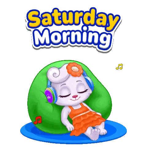 A Cartoon Illustration Of A Cat Wearing Headphones And The Words Saturday Morning Behind Her Sticker