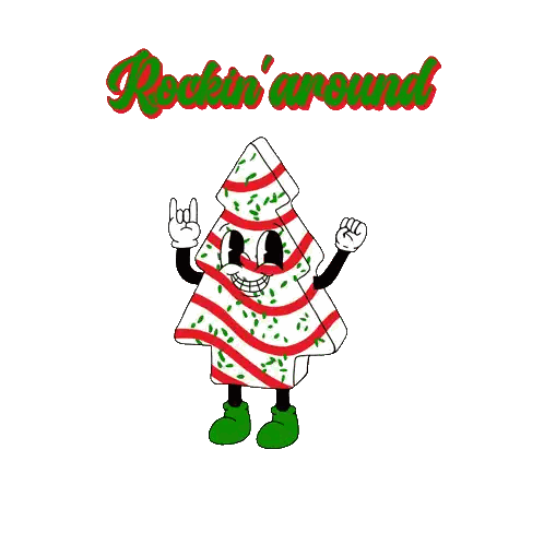 A Cartoon Illustration Of A Christmas Tree With The Words Rockin ' Around Below It Sticker