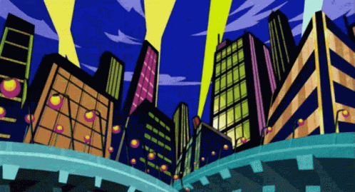 A Cartoon Illustration Of A City At Night With A Bridge In The Foreground GIF