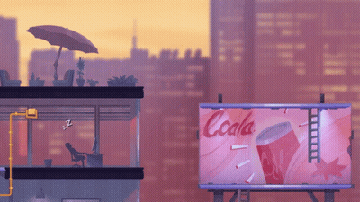 A Cartoon Illustration Of A City With A Billboard For Cola GIF