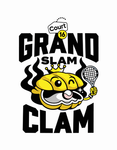 A Cartoon Illustration Of A Clam Holding A Tennis Racquet With The Words Grand Slam Below It GIF