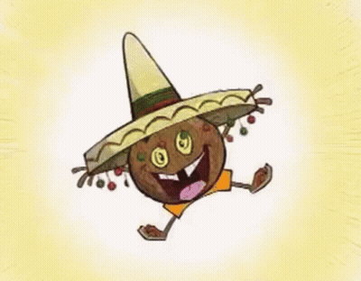 A Cartoon Illustration Of A Coconut With Arms And Legs Wearing A Sombrero And A Belt . GIF