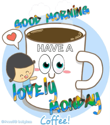 A Cartoon Illustration Of A Cup Of Coffee That Says Have A Lovely Monday Coffee GIF