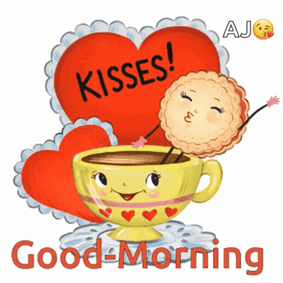 A Cartoon Illustration Of A Cup Of Coffee With A Cookie Kissing It With The Words " Kisses Good Morning " Below It GIF