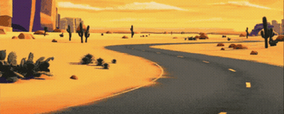A Cartoon Illustration Of A Desert Road With Cactus In The Background GIF