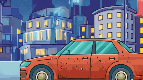 Cartoon Dirty Car In Front Of City GIF