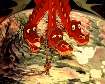 A Cartoon Illustration Of A Dragon With Three Heads GIF