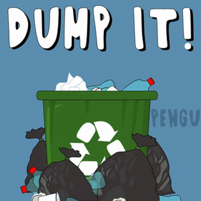 A Cartoon Illustration Of A Dumpster With The Words Dump It Written Above It GIF