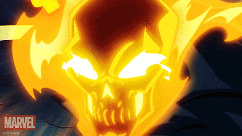 A Cartoon Illustration Of A Ghost Rider With A Marvel Logo In The Corner GIF