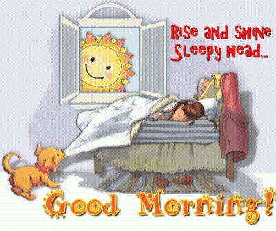 A Cartoon Illustration Of A Girl Sleeping In A Bed With The Words Rise And Shine Sleepy Head GIF