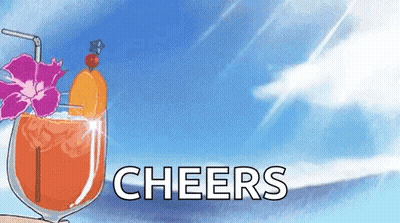 A Cartoon Illustration Of A Glass Of Orange Juice With A Straw And The Words `` Cheers '' Written Below It . GIF