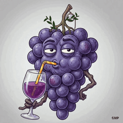 A Cartoon Illustration Of A Grape Drinking From A Glass With A Straw GIF