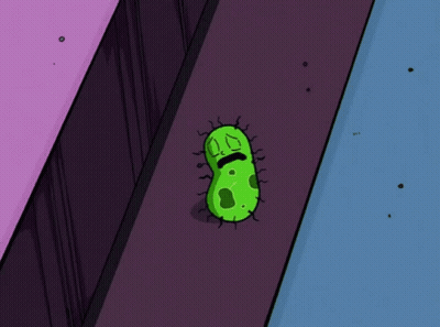 A Cartoon Illustration Of A Green Bacteria With A Sad Face GIF