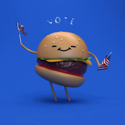 A Cartoon Illustration Of A Hamburger Holding Two American Flags And The Word Vote Behind It GIF