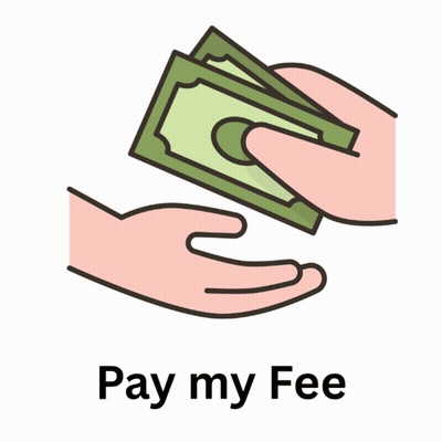 a cartoon illustration of a hand holding money and the words pay my fee below it