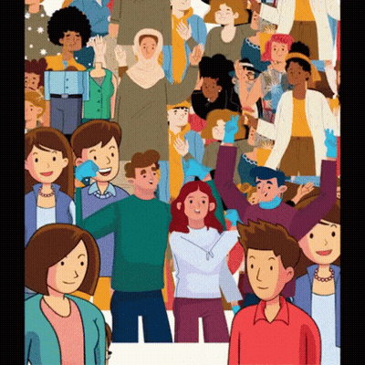 A Cartoon Illustration Of A Large Group Of People Wearing Face Masks GIF